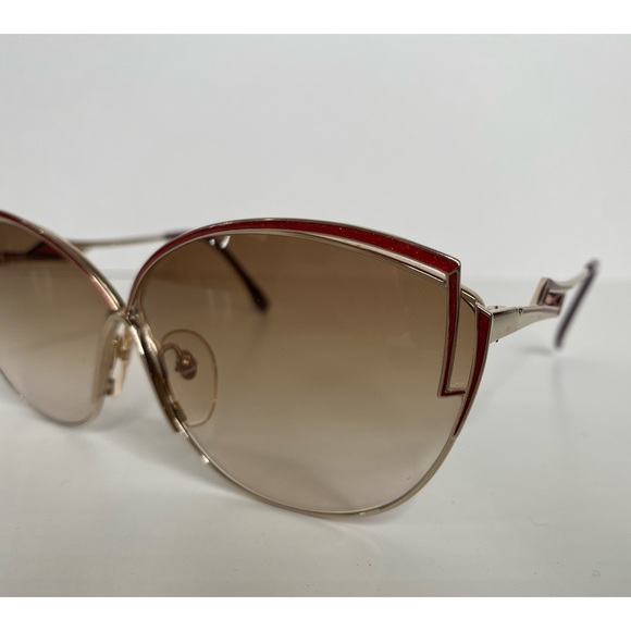 Yves Saint Laurent Vintage 80s Cat Eye Sunglasses Red Sparkle Enamel Gold Frame - Picture 9 of 16